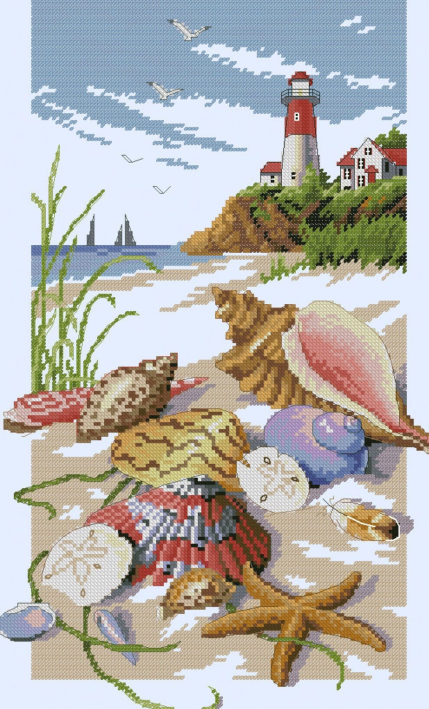 Shells Cross Stitch Pattern Lighthouse Colorful Art DIY - Etsy