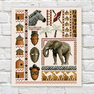 Könnte beinhalten: Ein farbenfrohes Kreuzstichmuster mit einem Elefanten, einem Zebra und afrikanischen Masken. Das Muster enthält auch Hütten, Palmen und eine Flagge. Der Hintergrund ist beige.