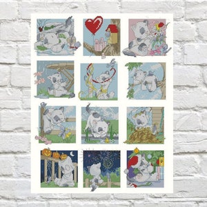 Kat Cross Stitch Patroon Kalender Maand Cross Stitch DIY X-Stitch Chart Naaldpuntpatroon Borduurkaart Afdrukbare Instant Download PDF