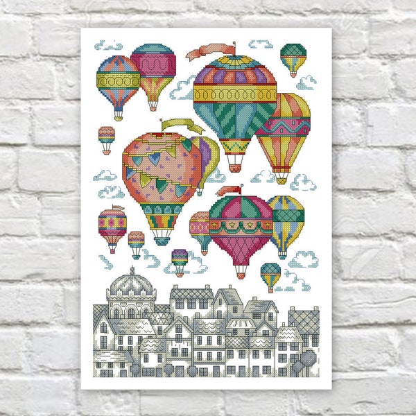 Hot Air Balloon Cross Stitch Pattern PDF, Landscape Cross Stitch, Counted Cross Stitch, Colorful Cross Stitch