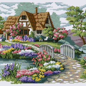 Village House Cross Stitch Pattern Colorful Art DIY X-stitch Chart Needlepoint Embroidery Chart Printable PDF Instant Download Design