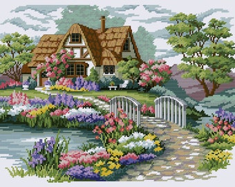 Village House Cross Stitch Pattern Colorful Art DIY X-stitch Chart Needlepoint Embroidery Chart Printable PDF Instant Download Design