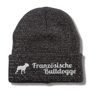 Könnte beinhalten: Schwarze Strickmütze mit einer weißen gestickten Französischen Bulldoggen-Silhouette und dem Text "Französische Bulldogge".