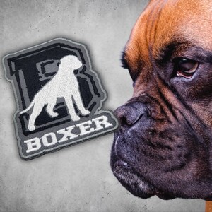 Könnte beinhalten: Ein grauer gestickter Aufnäher mit einer weißen Silhouette eines Boxerhundes und dem Wort "BOXER" in weißer Schrift. Ein brauner und schwarzer Boxerhund schaut auf den Aufnäher.