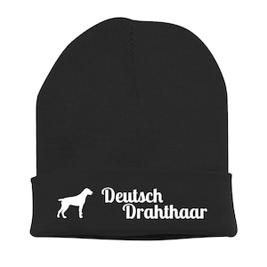 Könnte beinhalten: Schwarze Strickmütze mit einer weißen Silhouette eines Deutsch Drahthaar und dem Text "Deutsch Drahthaar".