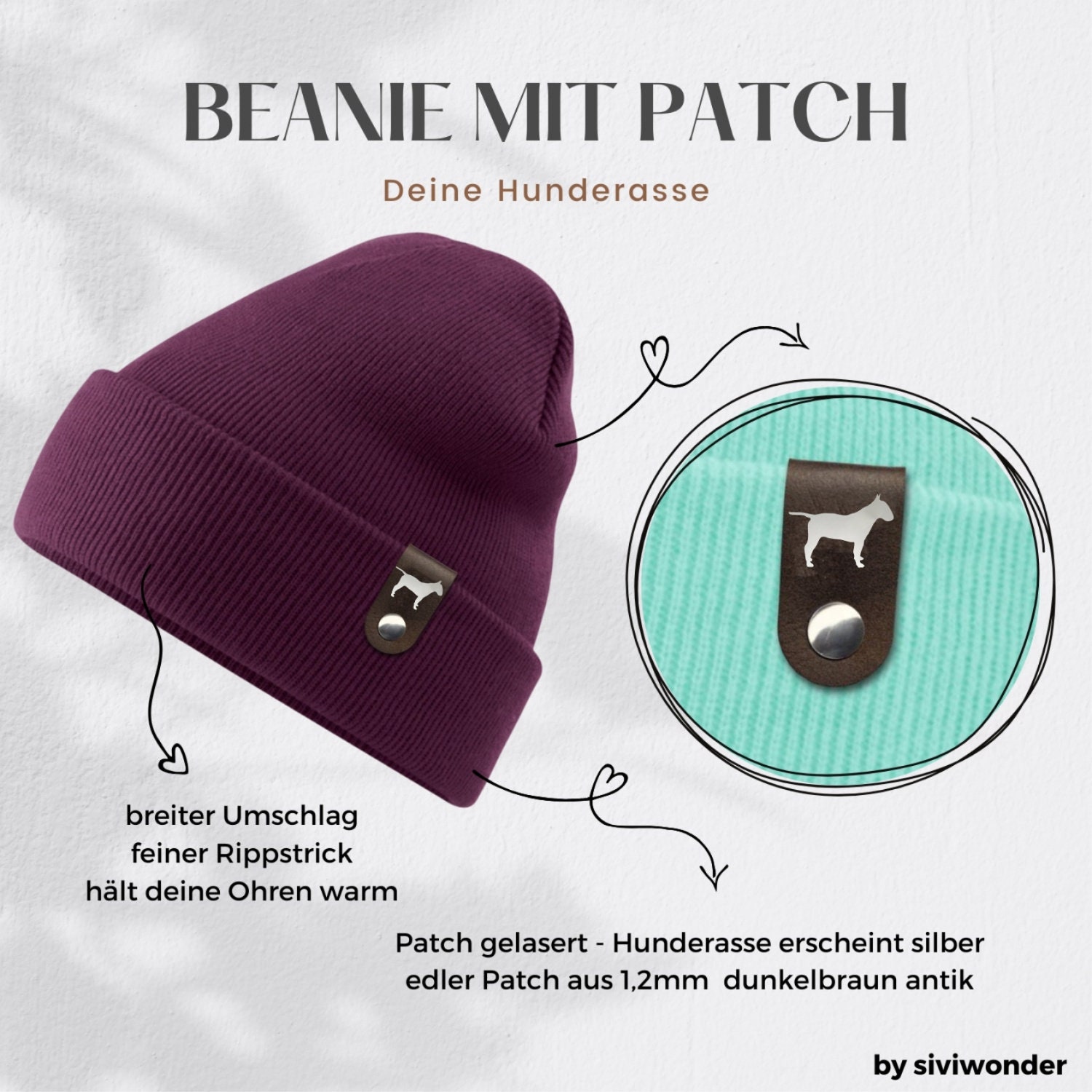 Bullterrier Mütze Mit Leder-Patch – Warmes Beanie Für Herren & Damen, 100% Polyacryl