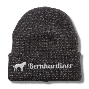 Könnte beinhalten: Schwarze Strickmütze mit einem weißen Bernhardiner-Logo und einer weißen Hundesilhouette.
