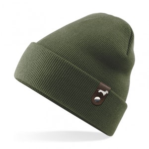 Rauhhaardackel Mütze mit Patch Gassi Beanie Strickmütze Witzig Spruch Warm Herren Damen Dackel Rauhaardackel 22 Farben Herbst Wintermütze Olive