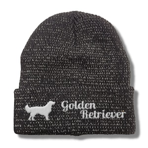 Könnte beinhalten: Schwarze Mütze mit einer weißen gestickten Silhouette eines Golden Retrievers und dem Text "Golden Retriever".