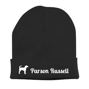 Könnte beinhalten: Schwarze Strickmütze mit einer weißen Silhouette eines Parson Russell Terriers und dem Text "Parson Russell" am Bündchen.