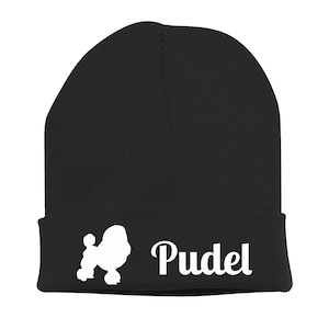 Strickmütze Pudel Pudle Poodle Caniche  Barbone Großpudel Zwergpudel Hund Stickerei Hund Winter Mütze Wintermütze