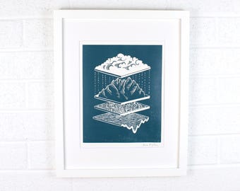 Watershed, linocut, original hand made block print, mountain art, isometric illustration, 11x14" print