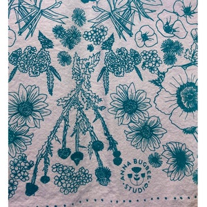 Wildflower bandana, indigo dyed, screenprinted, 100% cotton