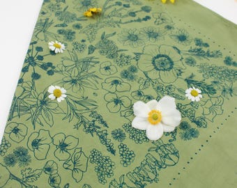 Wildflower bandana, hand dyed, screenprinted, 100% cotton, moss green