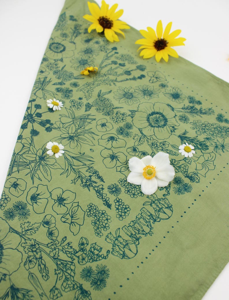 Peut inclure: Un bandana vert avec un imprim&eacute; floral bleu fonc&eacute;. Le bandana est d&eacute;cor&eacute; de fleurs blanches et jaunes.