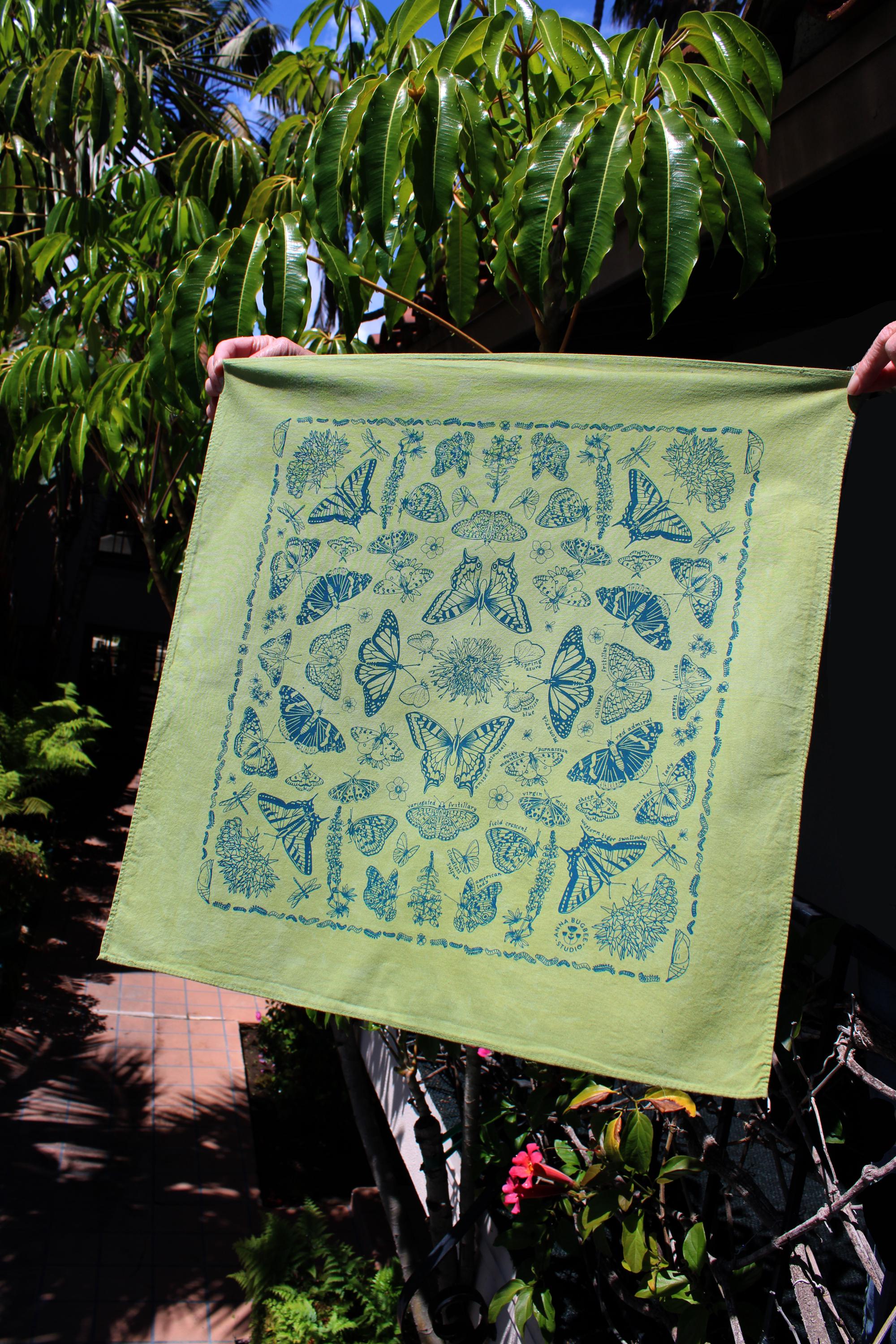 Butterfly bandana, hand dyed, screenprinted, 100% cotton, moss green