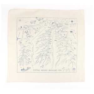 May include: Off-white square bandana with a detailed blue map of the Central Wasatch Mountains in Utah. The map includes illustrations of wildlife and a compass rose. The text "CENTRAL WASATCH MOUNTAINS UTAH" is printed at the bottom.