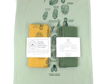 Tea towel- Native cones of Utah conifers, rocky mountains pine cone, hand dyed screen printed kitchen dish towel