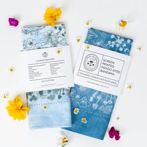 Wildflower bandana, indigo dyed, screenprinted, 100% cotton