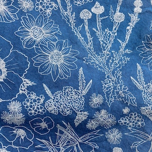Bandana fleurs sauvages, teint à la main, sérigraphié, 100 % coton Bleu