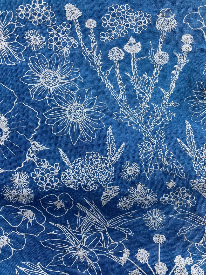 Bandana fleurs sauvages, teint à la main, sérigraphié, 100 % coton Bleu