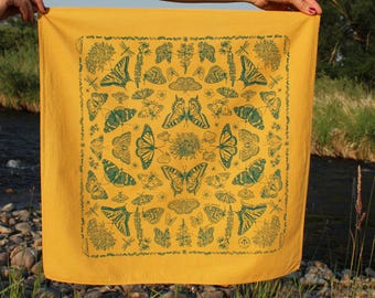 Butterfly bandana, mustard yellow, hand dyed, screenprinted, 100% cotton