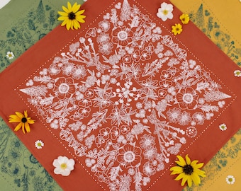 Wildflower bandana, hand dyed, screenprinted, 100% cotton, red
