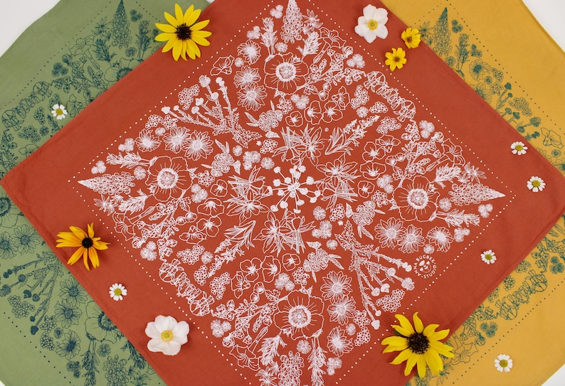 Peut inclure: Un bandana rouge avec un motif floral blanc. Le bandana est entour&eacute; de bandanas plus petits en vert et jaune avec des motifs floraux.