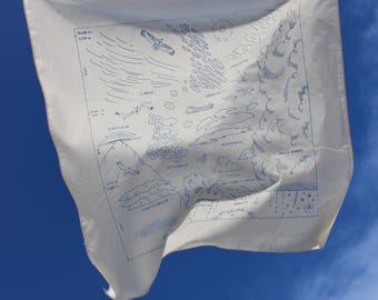 Cloud identification bandana, cotton hand dyed screenprinted handkerchief, scarf, blue