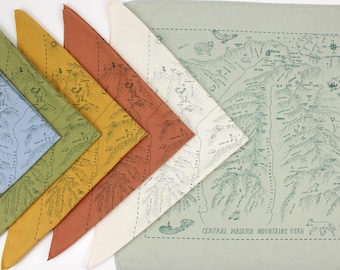Bandana - Carte du centre de la ville, coton, sérigraphie teintée à la main, montagnes de l'Utah