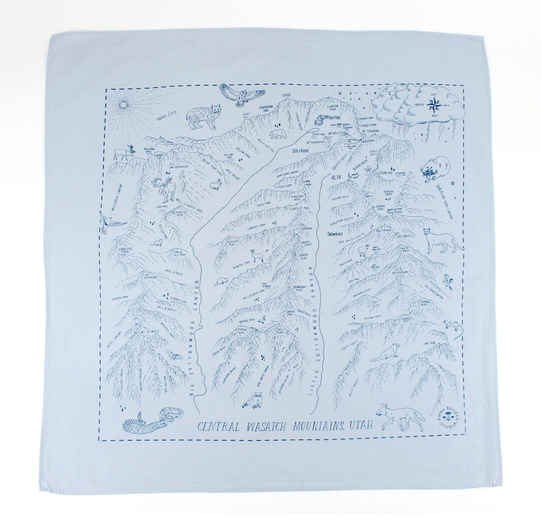 Bandana- Map of the Central Wasatch, Cotton, Hand-dyed Screenprinted ...