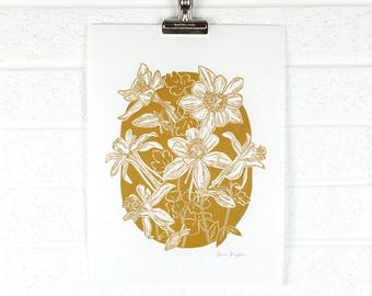 Columbine linocut print, relief print, handmade wildflower fine art print