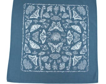 Butterfly bandana, hand dyed, screenprinted, 100% cotton