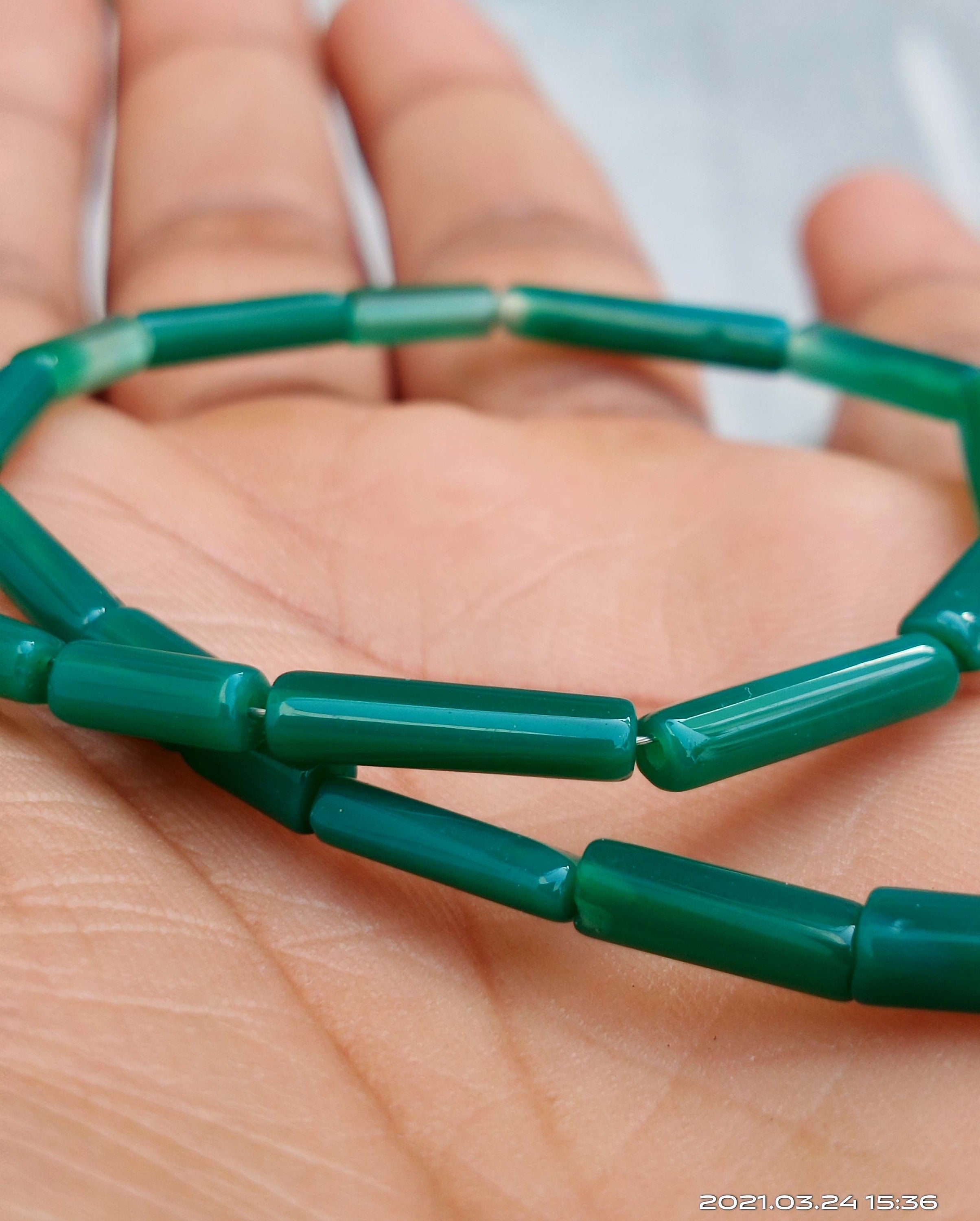 7Strand Unique Gems For Jewelry Bead Onyx Bead Tube Shape Green Onyx Smooth Bead & RidhiSidhiBeads.