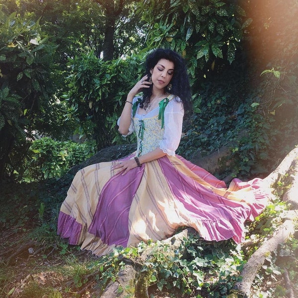 Traje folclórico LARP Ren faire - Colorido traje boho - Primavera Esmeralda vestido tradicional de bailarín folkwear