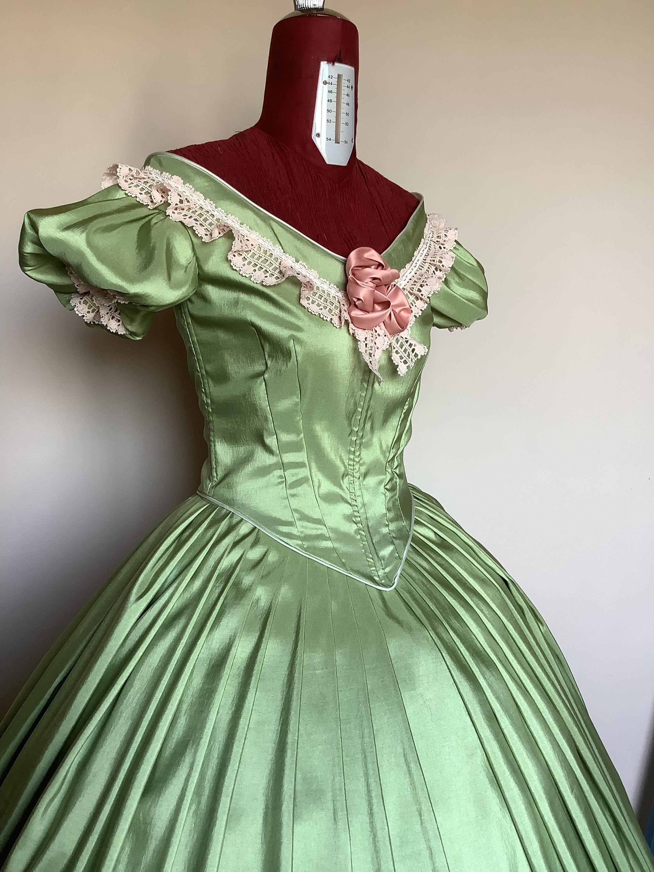 light green victorian dress 1860s Ball Gown, Romantic Historical Costume, Custom Made gold evening slip