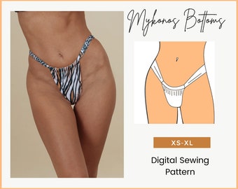 DIY Mykonos Women's Bikini Bottoms, Easy Swim Sewing Pattern, downloadable PDF, Reversible ruched bikini bottoms