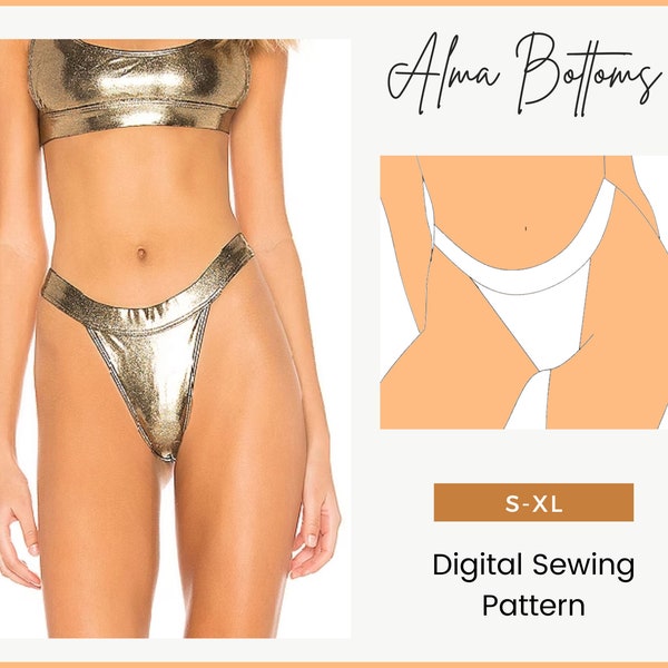 Alma wide waistband women's bikini bottoms, high-leg bottoms, cheeky style, PDF downloadable pattern, sewing instructions included