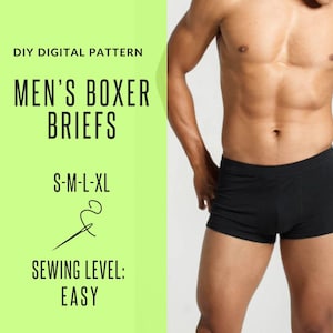 Könnte beinhalten: DIY-Digitalmuster für Herren-Boxershorts. Das Muster umfasst die Größen S-M-L-XL und ist als leichtes Nähniveau gekennzeichnet.