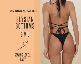 DIY Elysian Thong Bikini Bottoms with ring hips straps, Brazilian style Bottoms, Tanga bikini, PDF sewing pattern, swim pattern