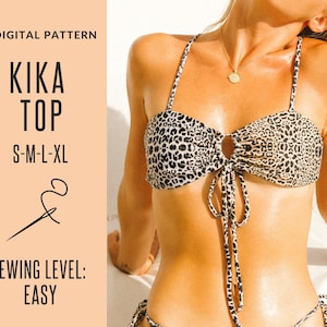 May include: DIY digital pattern for a Kika top in leopard print. The pattern includes sizes S-M-L-XL and is labeled as easy to sew.