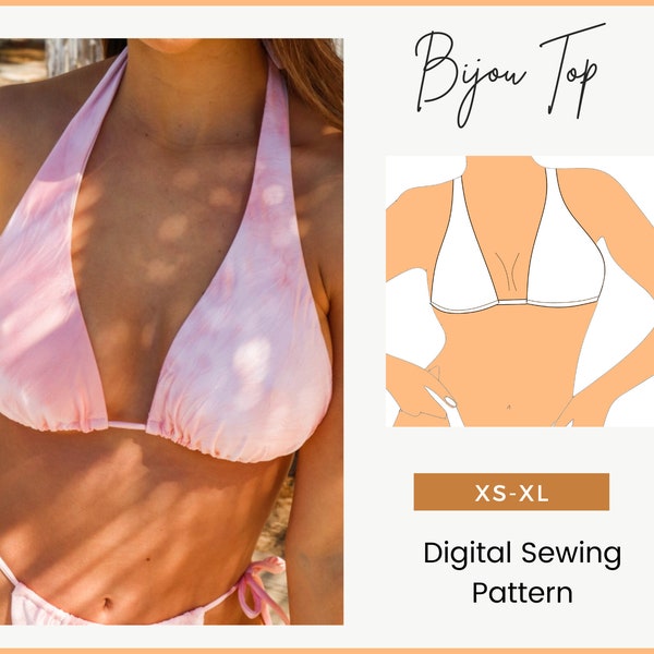 DIY Bijou women's wide triangle bikini top, big size bra cups sewing pattern, PDF digital pattern with instructions