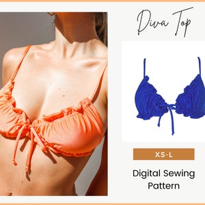 DIY Diva Frills women's swim top, ruched string tie bikini top, easy sewing, digital PDF pattern with instructions