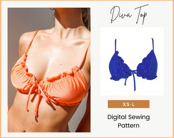 DIY Diva Frills women's swim top, ruched string tie bikini top, easy sewing, digital PDF pattern with instructions