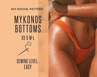 DIY Mykonos Women&#39;s Bikini Bottoms, Easy Swim Sewing Pattern, downloadable PDF, Reversible ruched bikini bottoms