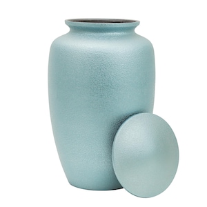 Sky Blue Aluminum Cremation Urn for Adult Ashes: Hand Carved Funeral Urn