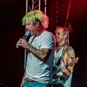 Può includere: Due uomini sul palco, uno con i capelli verdi e una maglietta bianca con la scritta "Totally Perfect" su di essa, canta in un microfono. L'altro uomo indossa una canottiera bianca e suona la chitarra.