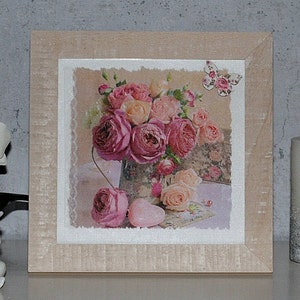 Shabby Chic Vintage Picture with Picture Frame Canvas Pictures 24x24 cm Antique Roses Flowers Decoration Wall Pictures Gifts  Birthday Women