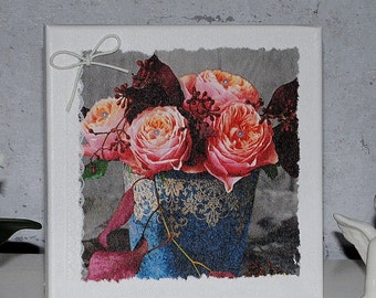 Blumen Bild Shabby chic Leinwandbilder 20x20 cm Rosen Vintage Dekoration Wandbilder Geschenke für Frauen zum Geburtstag Ausverkauf