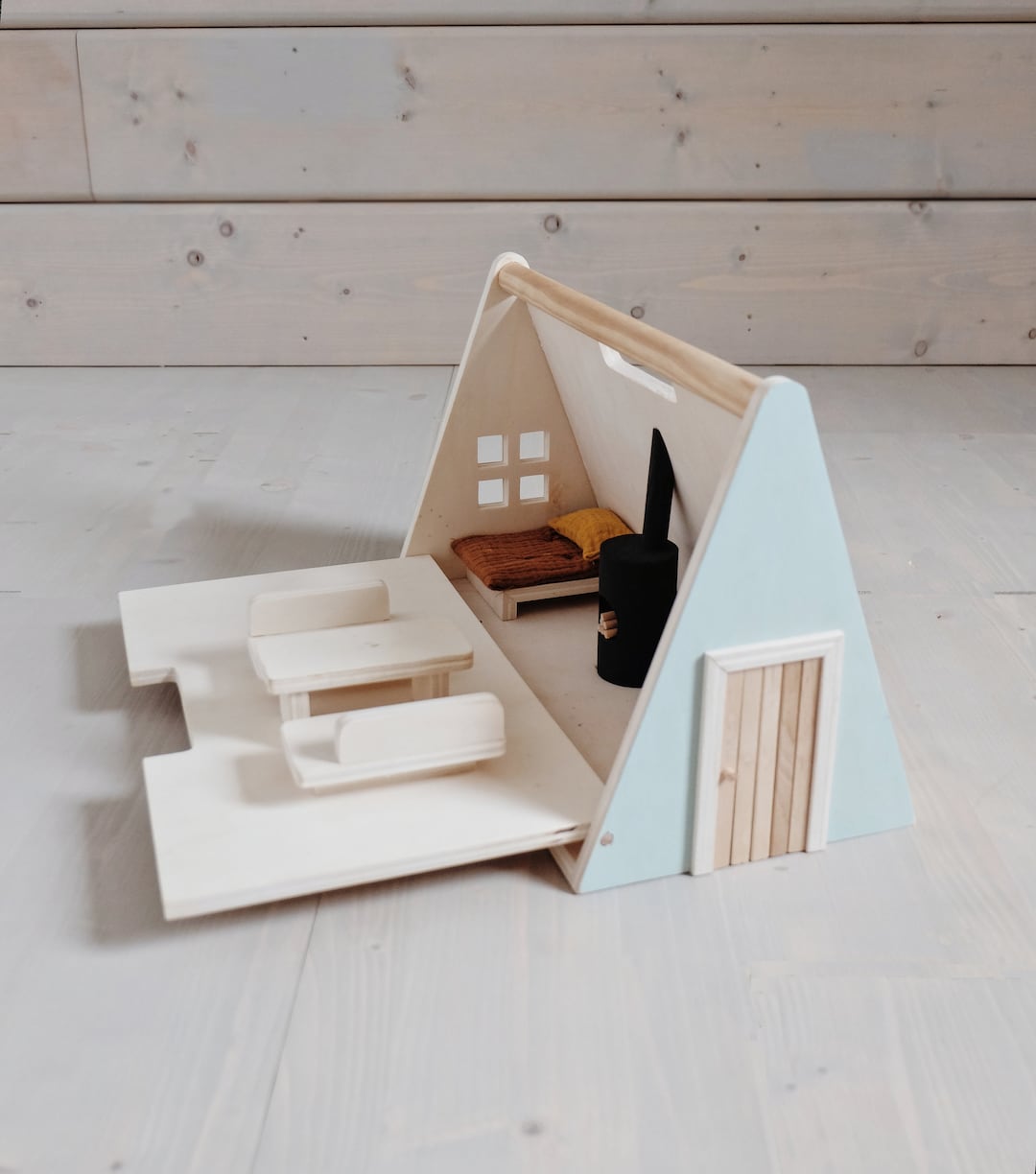 Cabina de muñecas con estructura en A / Casa de muñecas de madera / Casa de muñecas mínima / Casa de muñecas con estructura en A